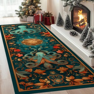 Octopus Nautical Runner Rug: Turquoise And Gold Marine Design, Underwater Fantasy Pattern