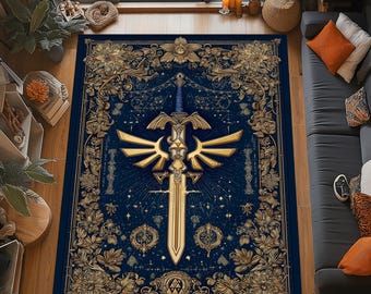 Zelda Triforce Rug: Golden Sword Emblem Design, Blue Celestial Pattern, Fantasy Gamer Decor
