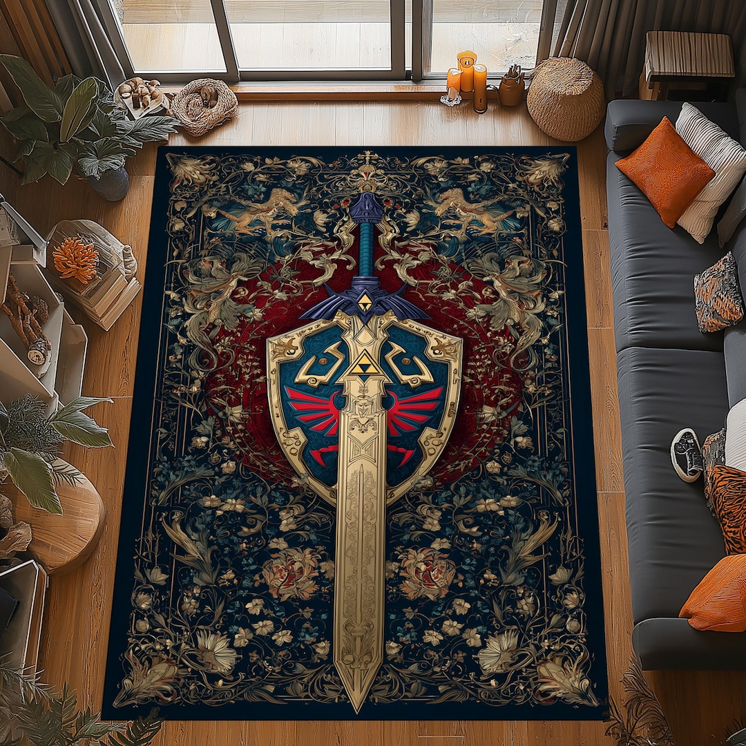 Zelda Master Sword Rug: Hylian Shield Carpet, Gold Blue Crest Design ...