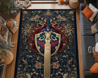 Zelda Master Sword Rug: Hylian Shield Carpet, Gold Blue Crest Design, Fantasy Gamer Decor