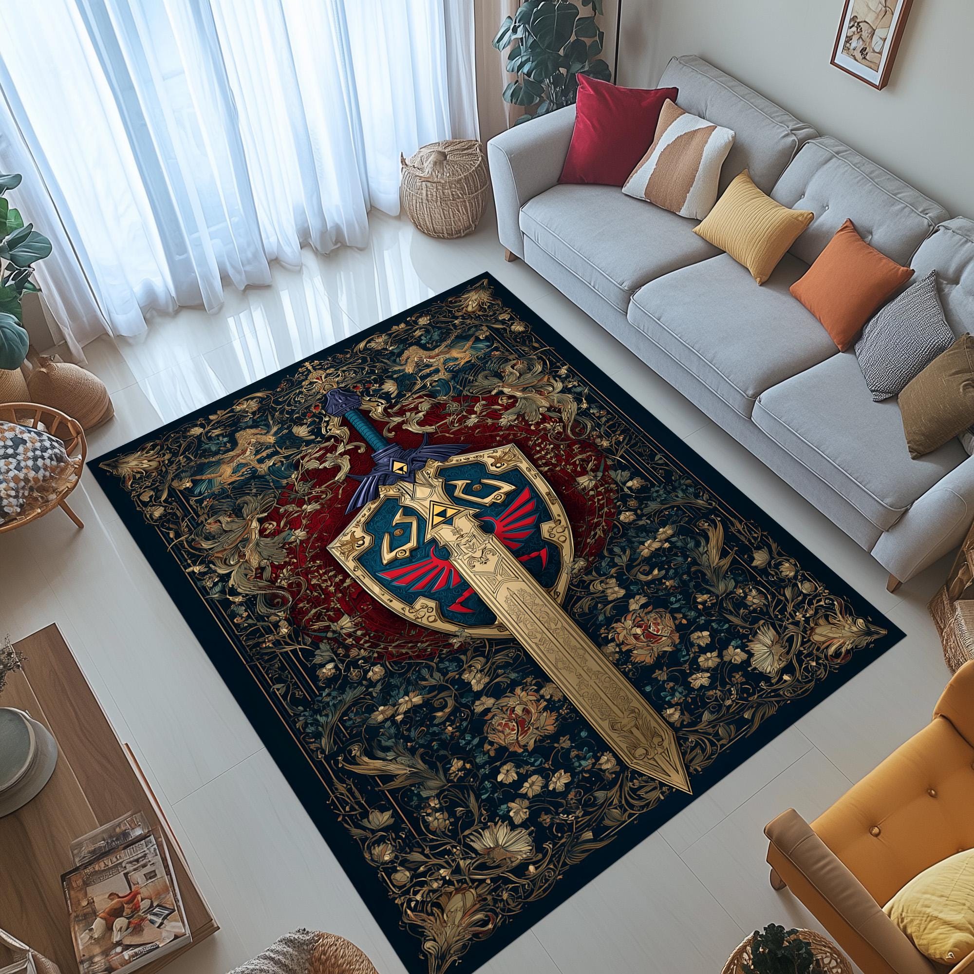 Zelda Master Sword Rug: Hylian Shield Carpet, Gold Blue Crest Design ...