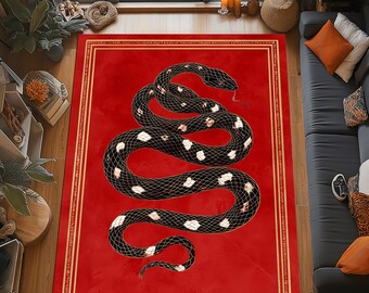 Crimson Serpent Rug: Checkered Snake Design, Red Gold Frame Pattern, Elegant Gothic Reptile Carpet