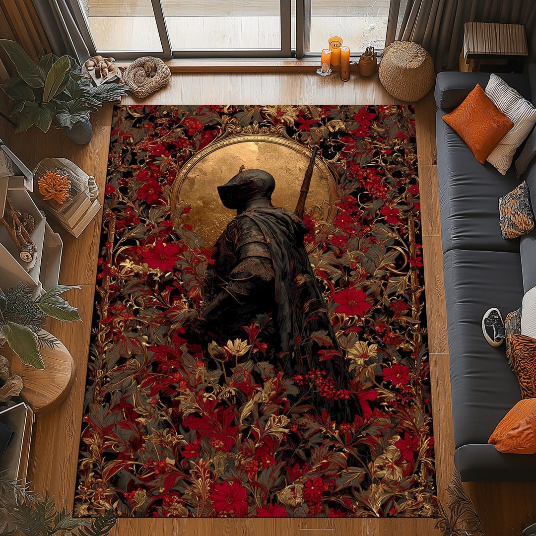 Knight Castle Rug Knight Crimson Flowers Rug: Medieval Warrior Design, Gold Red Floral ...