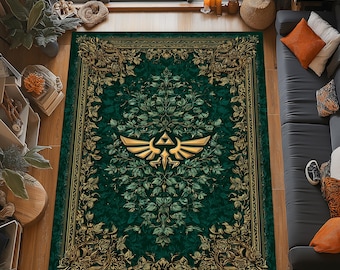 Zelda Hylian Crest Rug: Emerald Gold Carpet, Ornate Leaf Border Design, Fantasy Gamer Decor