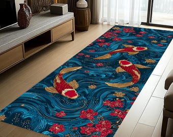 Japanese Koi Fish Runner Rug: Blue Water Wave Pattern, Ocean Sea Design Carpet