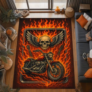 Peut inclure: Tapis rectangulaire avec un motif enflammé représentant une moto, un crâne ailé et des guitares. Le tapis présente une palette de couleurs rouge, orange et noire, créant une esthétique audacieuse. Idéal pour un salon ou une chambre.