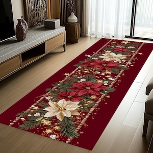 Alfombra de camino con guirnalda de estrellas navideñas: elegante flor de Pascua roja y dorada, diseño de adorno navideño, decoración festiva