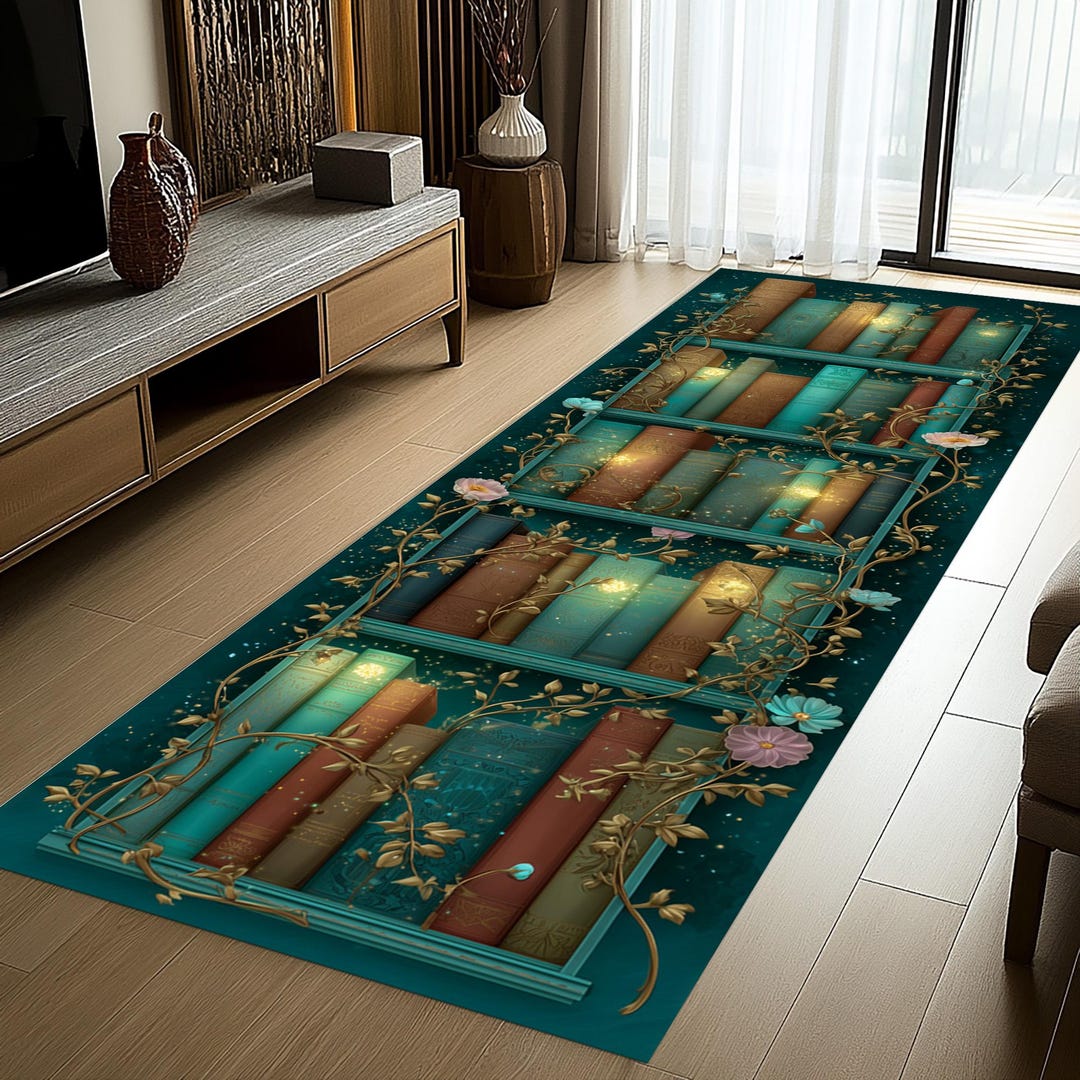 Literary Rug Magical Library Runner Rug: Enchanted Bookshelf Design, Teal Gold Glow ...