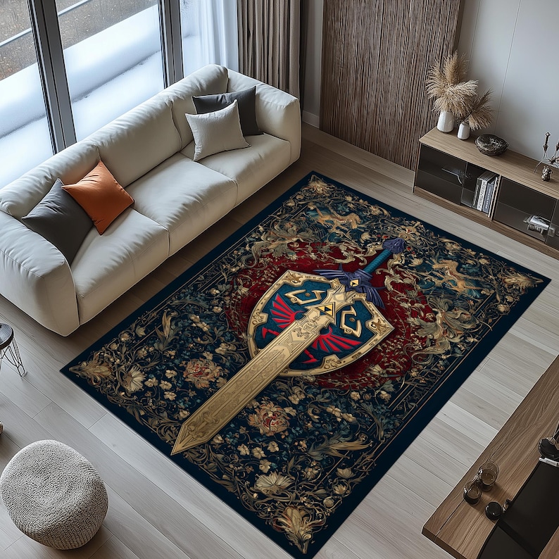 Zelda Master Sword Rug: Hylian Shield Carpet, Gold Blue Crest Design ...