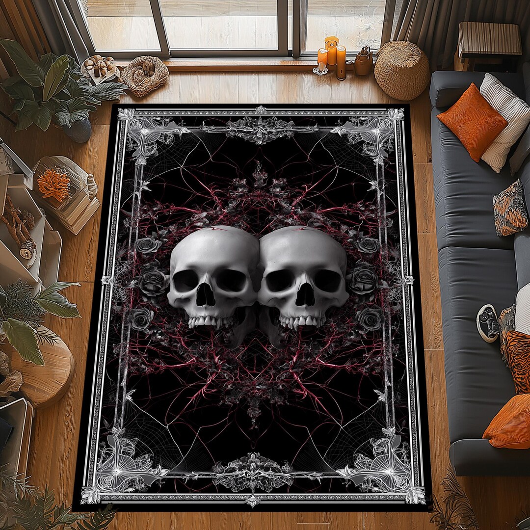 Gothic Skull Rug: Twin Skull and Rose Design, Dark Victorian Frame ...