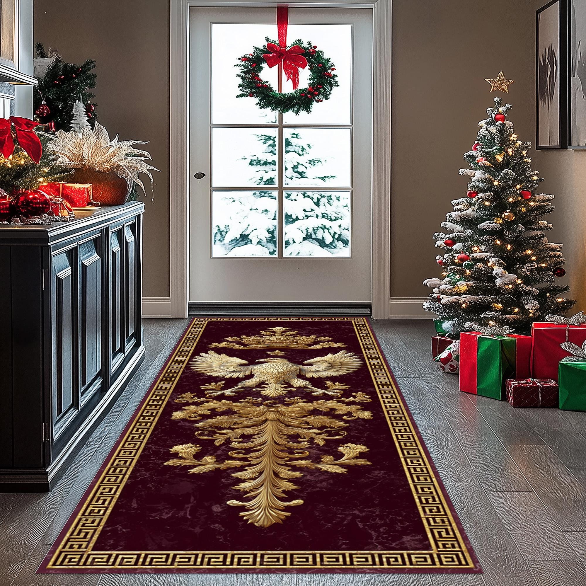 Imperial Eagle Runner Rug: Gold Baroque Pattern, Royal Greek Key Border ...