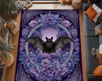 Alfombra gótica de murciélagos: Alfombra con marco floral morado, diseño romántico oscuro, decoración de fantasía