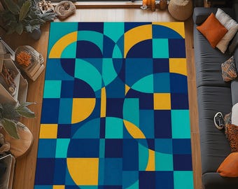 Modern Geometric Rug: Blue Teal Mustard Abstract Pattern, Mid Century Style Home Decor