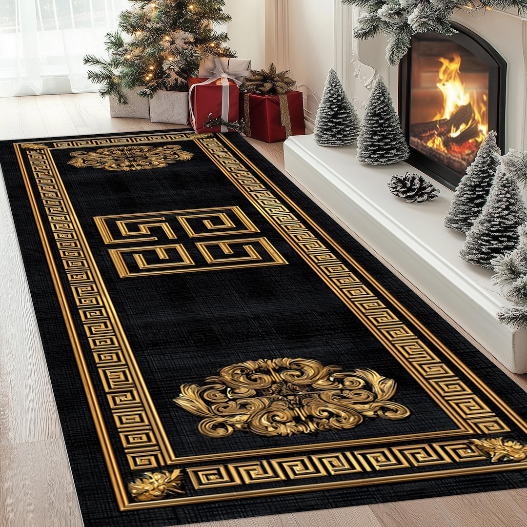 Greek Key Gold Rug Greek Key Gold Runner Rug: Ornate Baroque Border, Black Royal Design ...