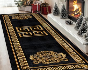 Greek Key Gold Runner Rug: Ornate Baroque Border, Black Royal Design, Luxury Elegant Decor