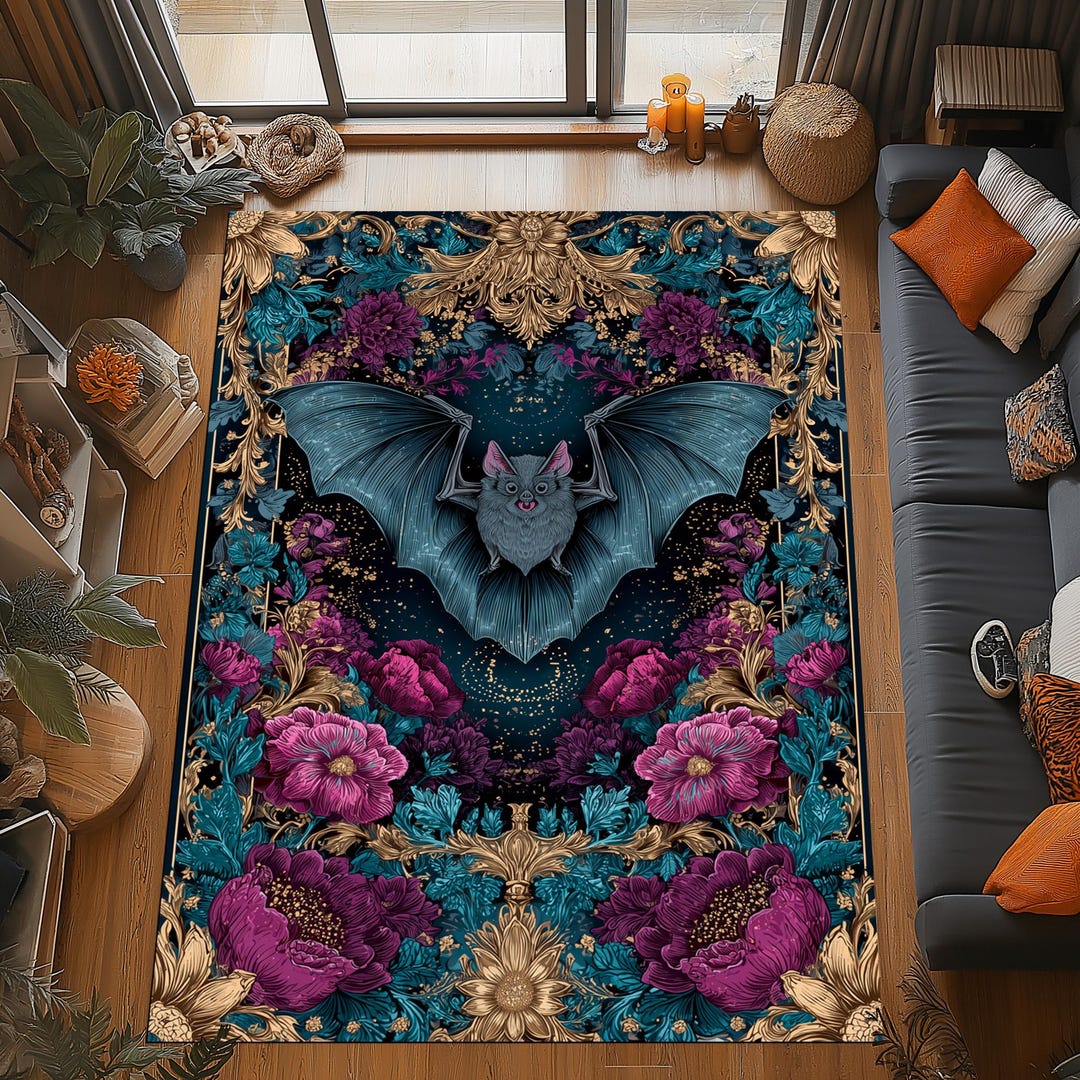 Gothic Bat Rug: Dark Floral Midnight Design, Blue Gold Baroque Pattern ...
