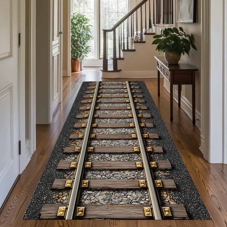 Puede incluir: Una alfombra rectangular con un dise&ntilde;o detallado de v&iacute;as de tren. La alfombra presenta rieles met&aacute;licos paralelos, traviesas de madera y grava, creando un efecto 3D realista. La alfombra est&aacute; colocada en un pasillo con suelo de madera.