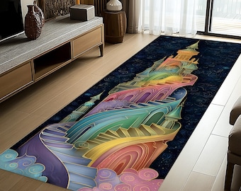 Rainbow Stairway Castle Runner Rug: Dreamlike Tower Design, Colorful Fantasy Home Decor