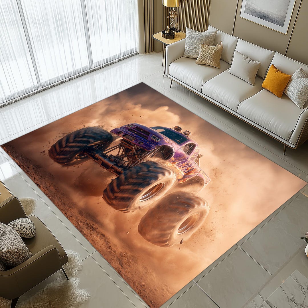 Monter High Rug Monster Truck Rug: Offroad Racing Design, Dust Trail Pattern, Extreme ...