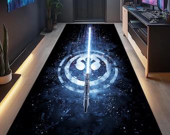Alfombra de corredor con sables de luz de Star Wars: diseño de sable de luz azul neón, decoración con temática de ciencia ficción galáctica