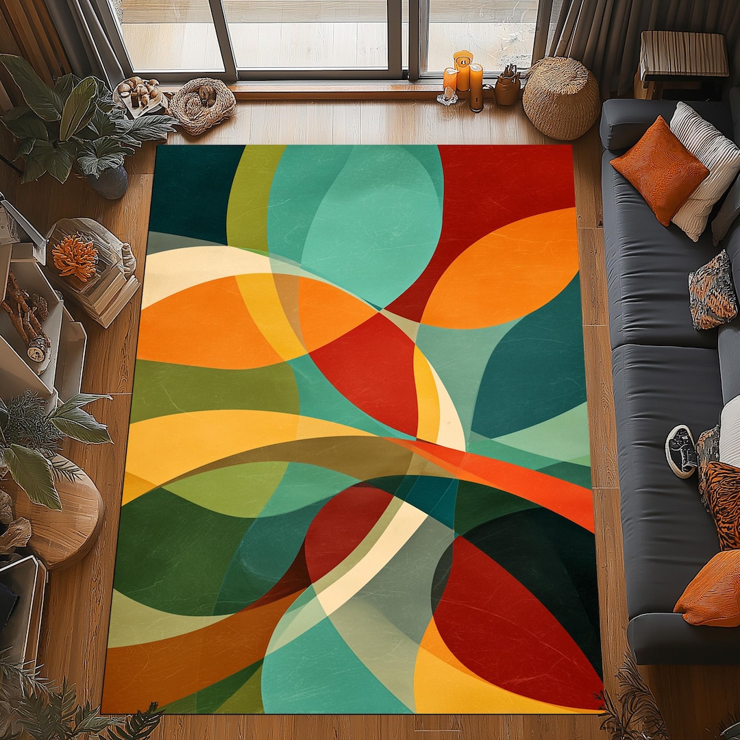 Mid Century Abstract Geometry Rug : Retro Modern Shapes,teal Orange ...