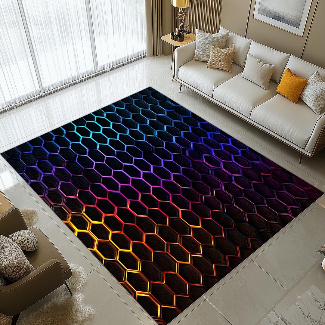 Cyber Rug Futuristic Hexagon Area Rug: Neon Gradient Grid Pattern, 3D Cyber Style ...