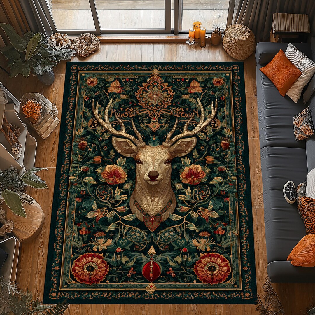 Forest Stag Rug: Gothic Floral Carpet, Regal Deer Medallion Design ...