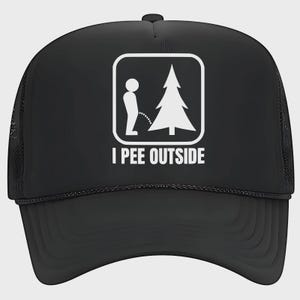 May include: Black trucker hat with a white graphic of a person urinating on a tree, inside a white square. The text "I PEE OUTSIDE" is below the graphic in white block letters. The hat has a curved bill and mesh back.