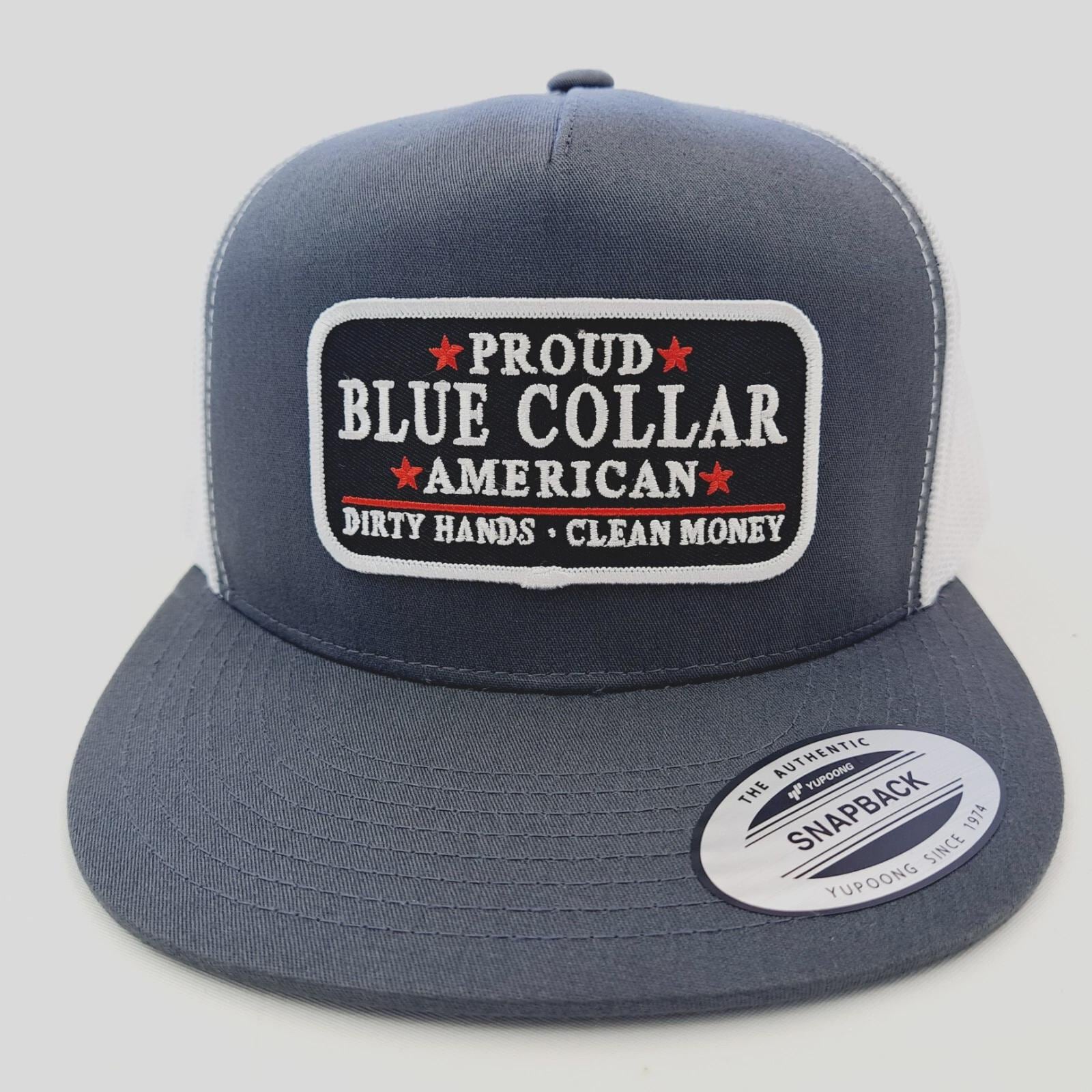 Proud Blue Collar American Embroidered Patch Flat Bill Mesh  display picture 3