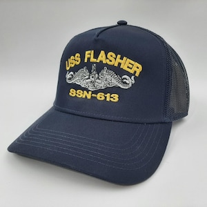 USS Flasher SSN-613 Mesh Snapback Cap Hat Navy Blue Boat Submarine Embroidered