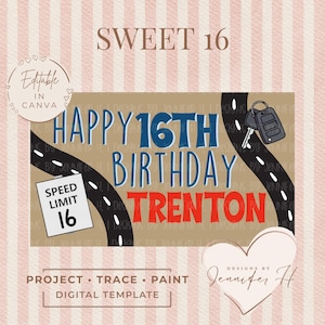 Puede incluir: Plantilla digital con fondo beige, con el texto "SWEET 16" y "HAPPY 16TH BIRTHDAY TRENTON" en azul y rojo. Incluye un diseño de carretera, llaves de coche y una señal de límite de velocidad. También está presente el texto "Editable in Canva".