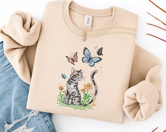Cat and butterfly embroidery design, floral cat embroidery pattern, kitten embroidery with flower, nature inspired embroidery