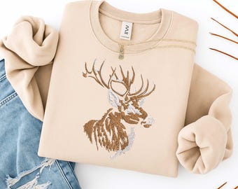 Deer head embroidery design, majestic stag with antlers, wildlife embroidery pattern, rustic woodland embroidery design