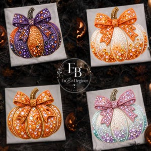 May include: Four square fabric panels each featuring a pumpkin design decorated with colorful rhinestones and a large bow. The top left pumpkin is purple and orange, the top right is orange and white, the bottom left is orange, and the bottom right is pink and teal.