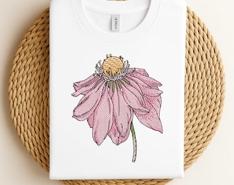 Pink flower embroidery design, coneflower embroidery pattern, floral embroidery motif, garden flower embroidery, digital download