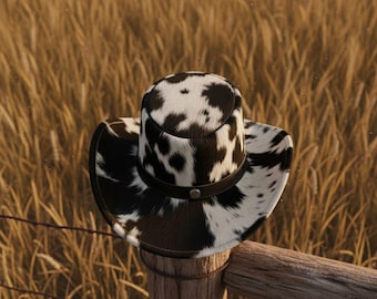 Handmade Black & White Cowhide Leather Cowboy Hat | Western Style Rodeo Hat | Unique Fashion Gift