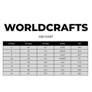 May include: A size chart from Worldcrafts, with US, EU, and UK sizes, inches, and centimeters. The chart includes sizes 7-14, with corresponding EU sizes 40-47. Inches range from 9.625 to 13.5, and centimeters from 24.4 to 30.2.