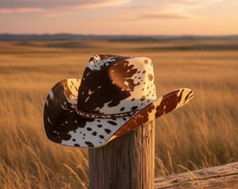 May include: A brown and white cowhide cowboy hat rests on a wooden fence post. The hat has a wide brim and a decorative band. The background features a field of tall grass and a sunset.