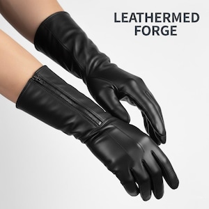 May include: Black leather gloves with a zipper detail on the wrist. The gloves are long, extending past the wrist. The text "LEATHERMED FORGE" is displayed in the upper right corner.
