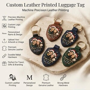 May include: Five shield-shaped leather luggage tags with metal key rings. Each tag features a printed illustration of a couple wearing Santa hats, the names Emma & Noah, the year 2020, and the text Merry & Bright. Colors include brown, navy, and dark green.