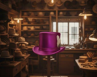 Puede incluir: Un llamativo sombrero de copa magenta con un adorno de pluma, exhibido en un soporte de madera. La imagen muestra un taller de sombrerería, con numerosos sombreros en exhibición en estantes y mesas, iluminado.