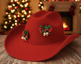 Red Christmas Cowboy Hat • Holiday Western Hat with Ribbon Bow