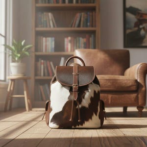 Puede incluir: Una mochila de piel de vaca marrón y blanca con solapa y correas de cuero. Tiene un asa y bolsillos laterales. La mochila está sobre un suelo de madera.