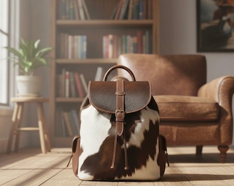 Bruine en witte rundleren rugzak | Handgemaakte hair-On Hide western schouder- en reistas