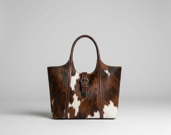 May include: A brown and white cowhide tote bag with a top handle and a buckle closure. The bag has a rectangular shape with brown leather trim and handle. The bag is designed for carrying items.