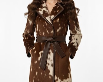 Vintage Women’s Hair-On Cowhide Trench Coat | Genuine Pony Skin Long Leather Coat