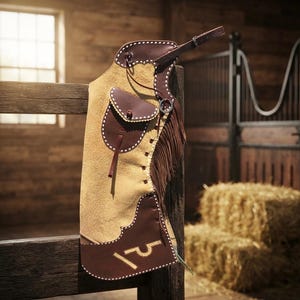 Niestandardowe skórzane czapsy w stylu western z kieszenią | Czapsy z frędzlami, czapsy rodeo z imitacją skóry bydlęcej, prezent dla kowbojki