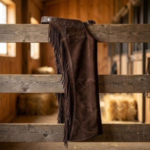May include: A dark brown suede leather chap featuring long fringe along the side, a decorative embossed floral pattern on the upper yoke, and a metal buckle closure at the top. The item is constructed with visible stitching along the edges.