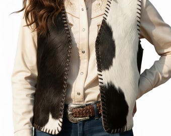 Puede incluir: Un chaleco de piel de vaca con un patrón en blanco y negro. El chaleco tiene ribetes y costuras de cuero marrón. Se lleva sobre una camisa abotonada color crema y vaqueros azules. También se ve un cinturón de cuero marrón con hebilla plateada.