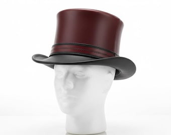 Handmade Leather Steampunk Top Hat – Black & Burgundy Gothic Victorian Cosplay Hat, Unisex Festival Costume Accessory